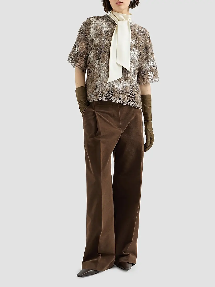 Brunello Cucinelli Women's Silk Satin High-Neck T-Shirt with Monili - Fog | Thumbnail 6