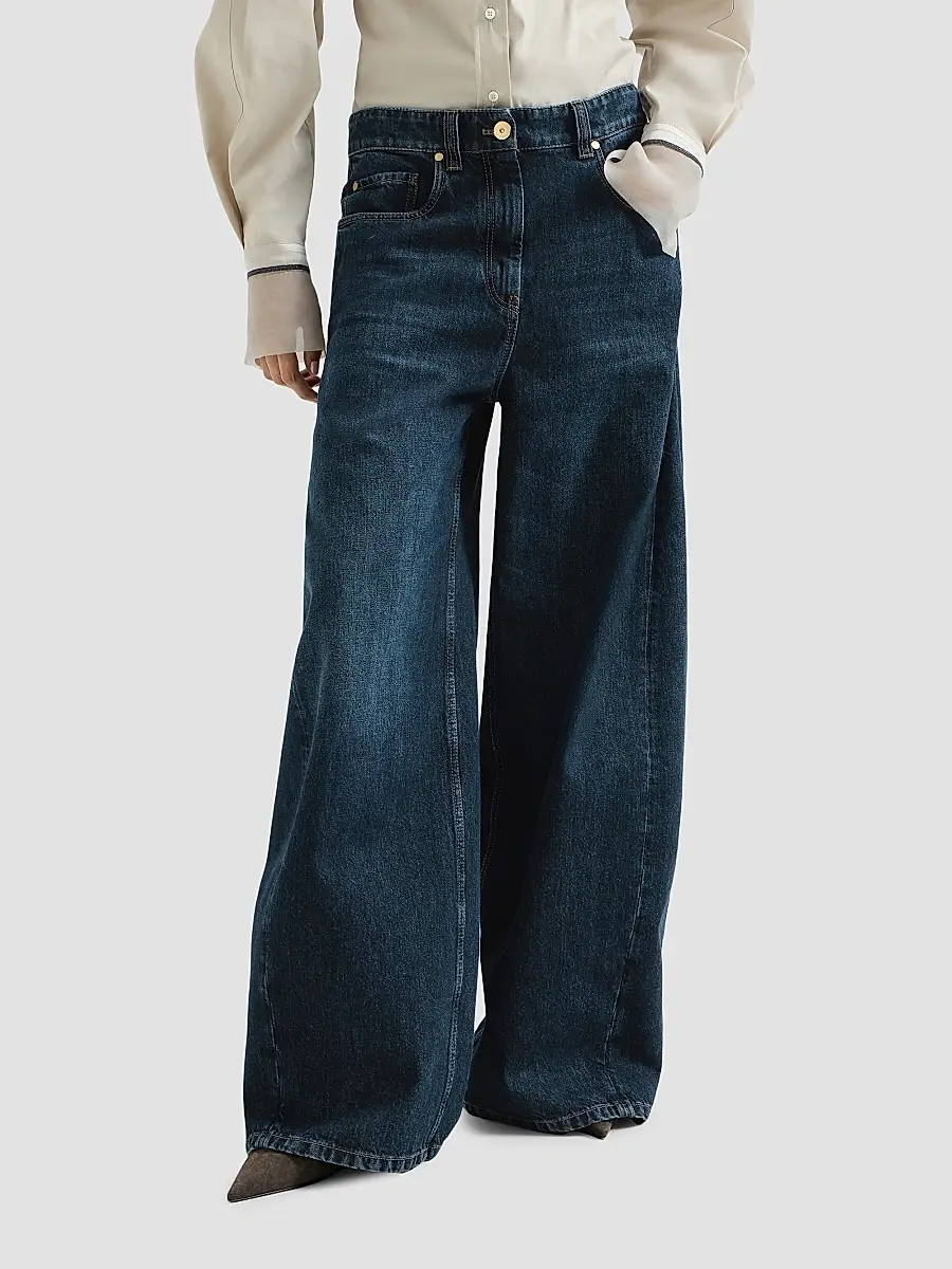 Brunello Cucinelli Women's Denim Wide Jeans with Monili - Denim | Thumbnail 2 Brunello Cucinelli Women's Denim Wide Jeans with Monili - Denim | Thumbnail 2