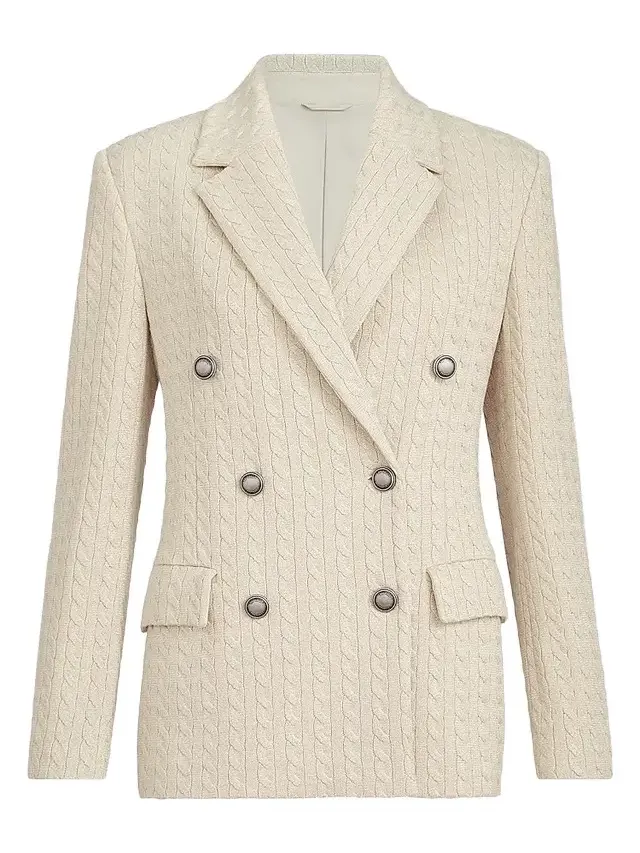 Brunello Cucinelli Women's Sparkling Cotton and Viscose English Rib Knit Blazer with Monili - Cream