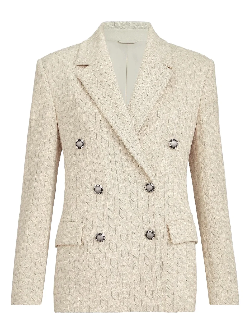 Brunello Cucinelli Women's Sparkling Cotton and Viscose English Rib Knit Blazer with Monili - Cream