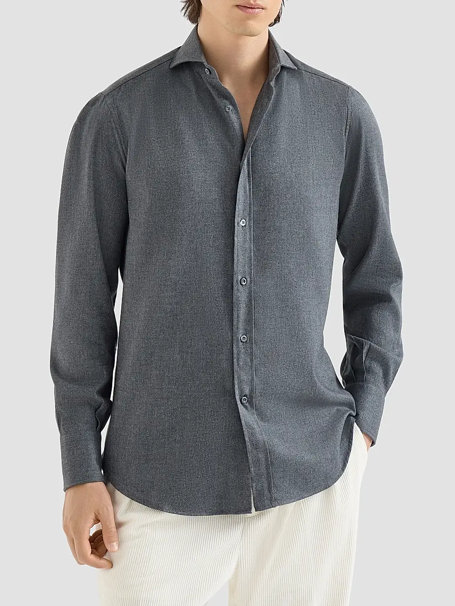 Brunello Cucinelli Men's Stretch Cotton Chevron Flannel Shirt with Spread Collar | Thumbnail 2