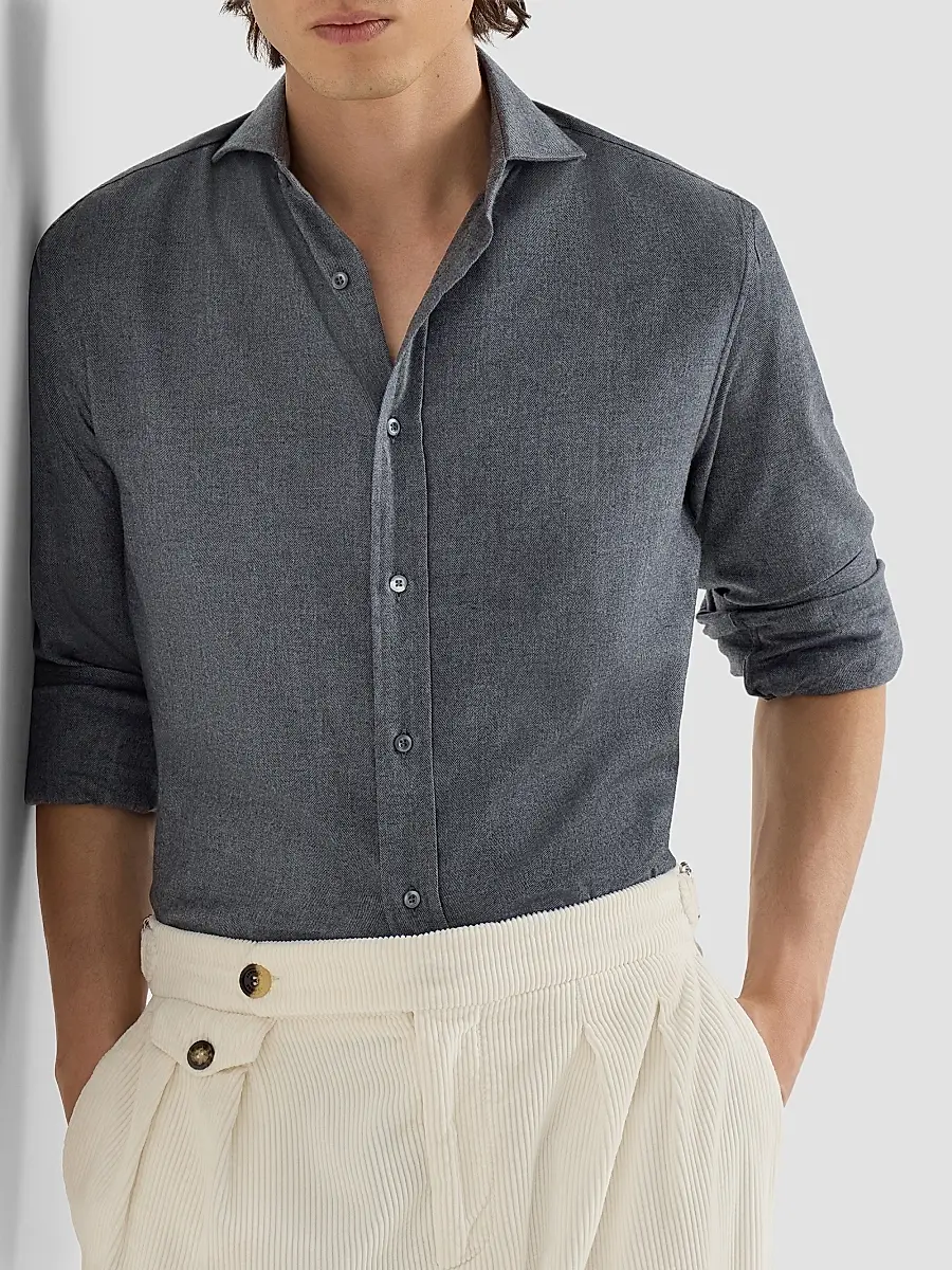 Brunello Cucinelli Men's Stretch Cotton Chevron Flannel Shirt with Spread Collar | Thumbnail 4