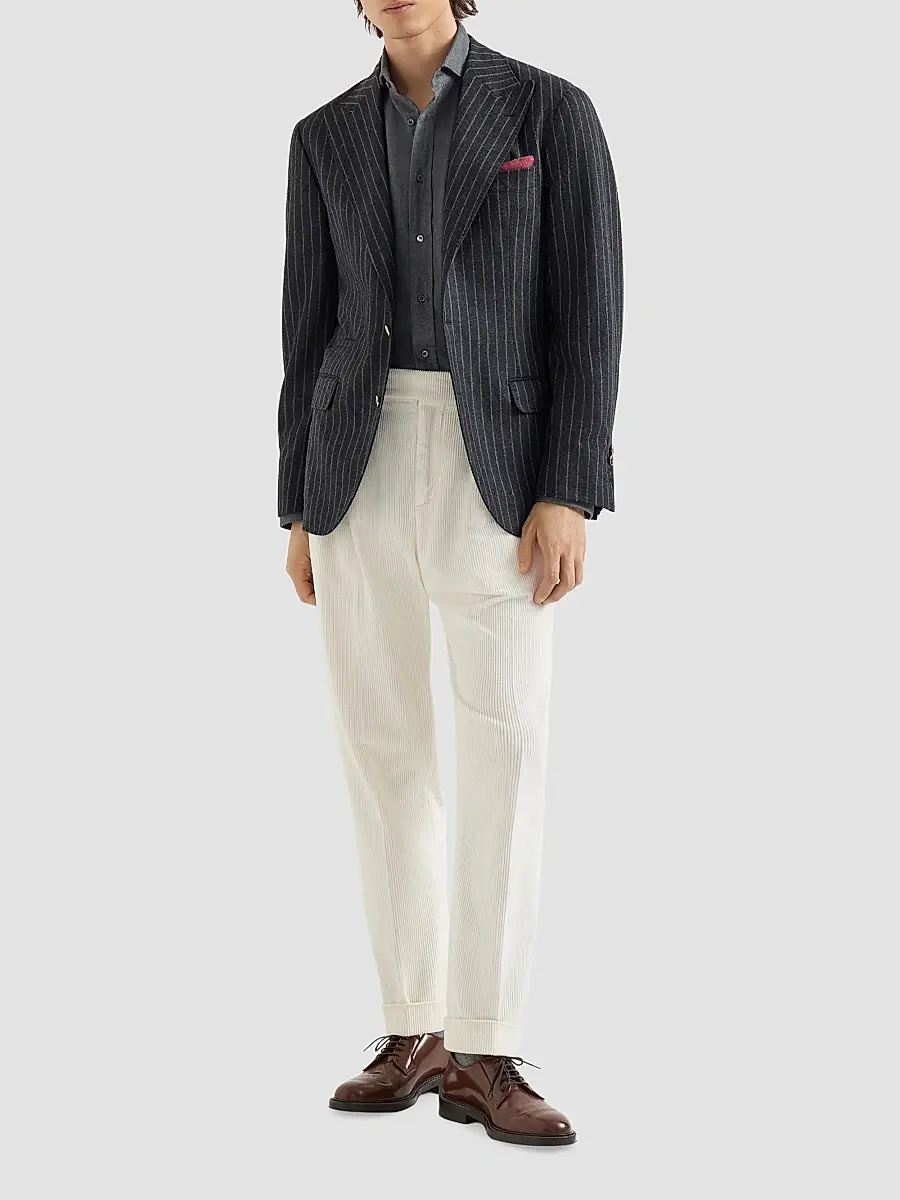 Brunello Cucinelli Men's Stretch Cotton Chevron Flannel Shirt with Spread Collar | Thumbnail 6
