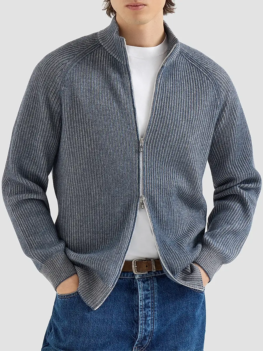 Brunello Cucinelli Men's Cashmere Vanisé English Rib High-Neck Cardigan with Zipper - Cerulean | Thumbnail 2 Brunello Cucinelli Men's Cashmere Vanisé English Rib High-Neck Cardigan with Zipper - Cerulean | Thumbnail 2