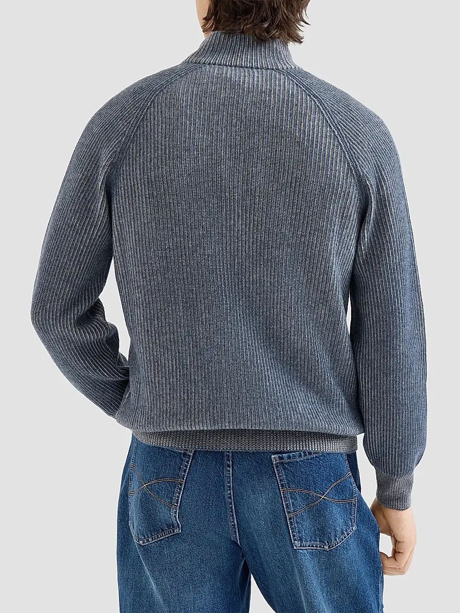 Brunello Cucinelli Men's Cashmere Vanisé English Rib High-Neck Cardigan with Zipper - Cerulean | Thumbnail 3 Brunello Cucinelli Men's Cashmere Vanisé English Rib High-Neck Cardigan with Zipper - Cerulean | Thumbnail 3