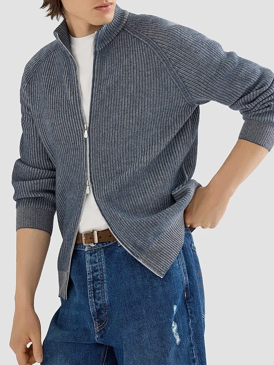 Brunello Cucinelli Men's Cashmere Vanisé English Rib High-Neck Cardigan with Zipper - Cerulean | Thumbnail 4 Brunello Cucinelli Men's Cashmere Vanisé English Rib High-Neck Cardigan with Zipper - Cerulean | Thumbnail 4