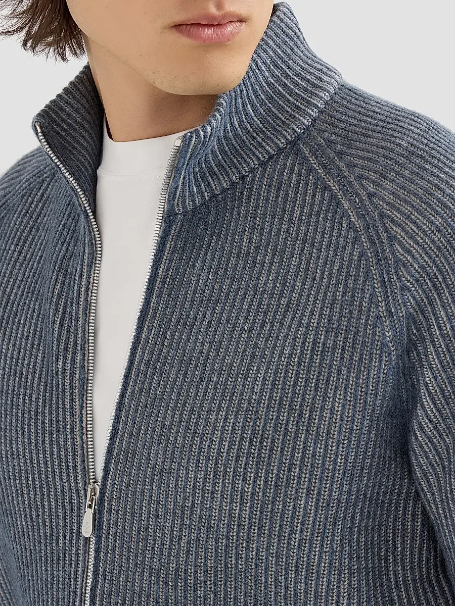 Brunello Cucinelli Men's Cashmere Vanisé English Rib High-Neck Cardigan with Zipper - Cerulean | Thumbnail 5 Brunello Cucinelli Men's Cashmere Vanisé English Rib High-Neck Cardigan with Zipper - Cerulean | Thumbnail 5