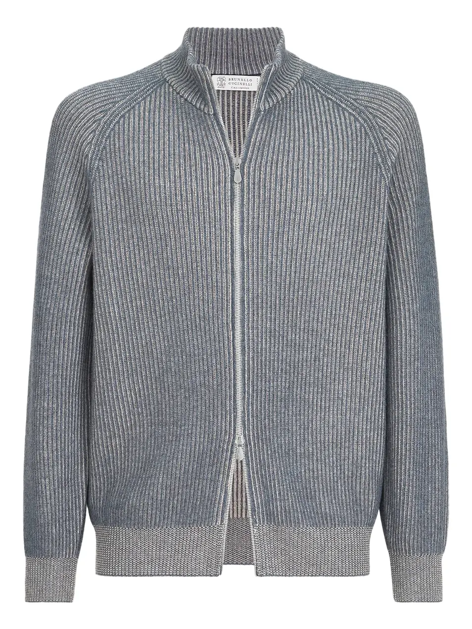Brunello Cucinelli Men's Cashmere Vanisé English Rib High-Neck Cardigan with Zipper - Cerulean