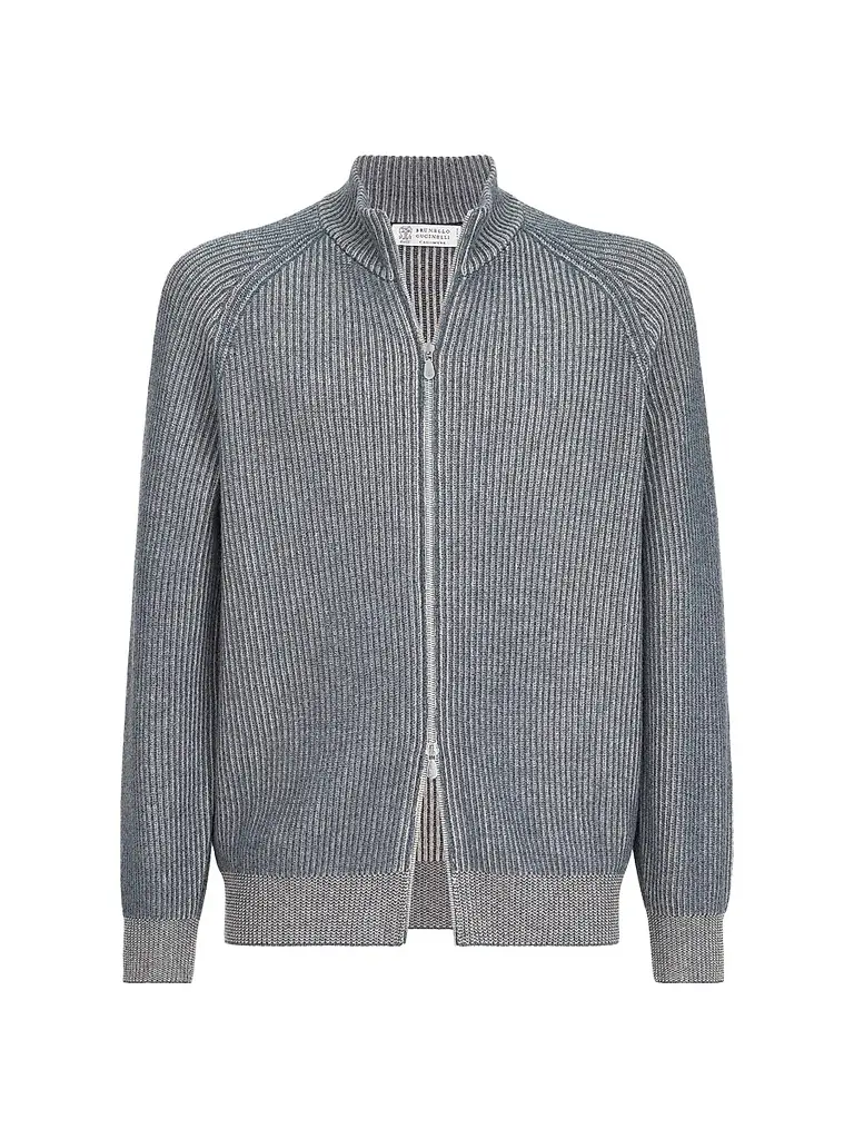 Brunello Cucinelli Men's Cashmere Vanisé English Rib High-Neck Cardigan with Zipper - Cerulean - Size 50 | Image 1 Brunello Cucinelli Men's Cashmere Vanisé English Rib High-Neck Cardigan with Zipper - Cerulean - Size 50 | Image 1