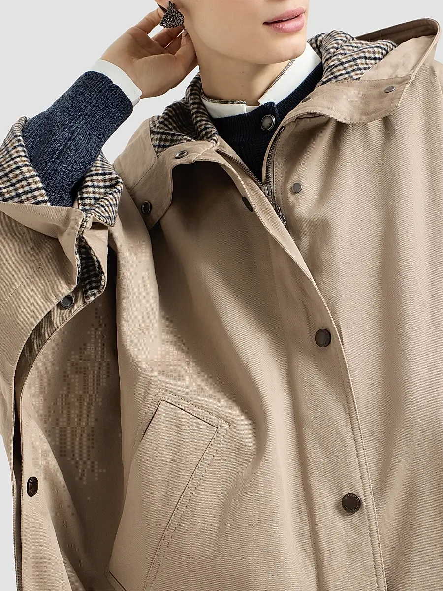 Brunello Cucinelli Women's Cotton and Linen Twill Hooded Outerwear Jacket with Monili - Camel | Thumbnail 5 Brunello Cucinelli Women's Cotton and Linen Twill Hooded Outerwear Jacket with Monili - Camel | Thumbnail 5