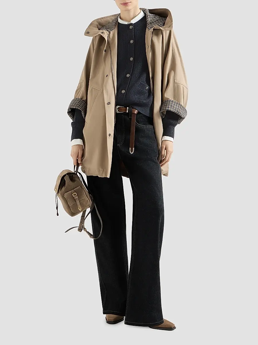 Brunello Cucinelli Women's Cotton and Linen Twill Hooded Outerwear Jacket with Monili - Camel | Thumbnail 6 Brunello Cucinelli Women's Cotton and Linen Twill Hooded Outerwear Jacket with Monili - Camel | Thumbnail 6