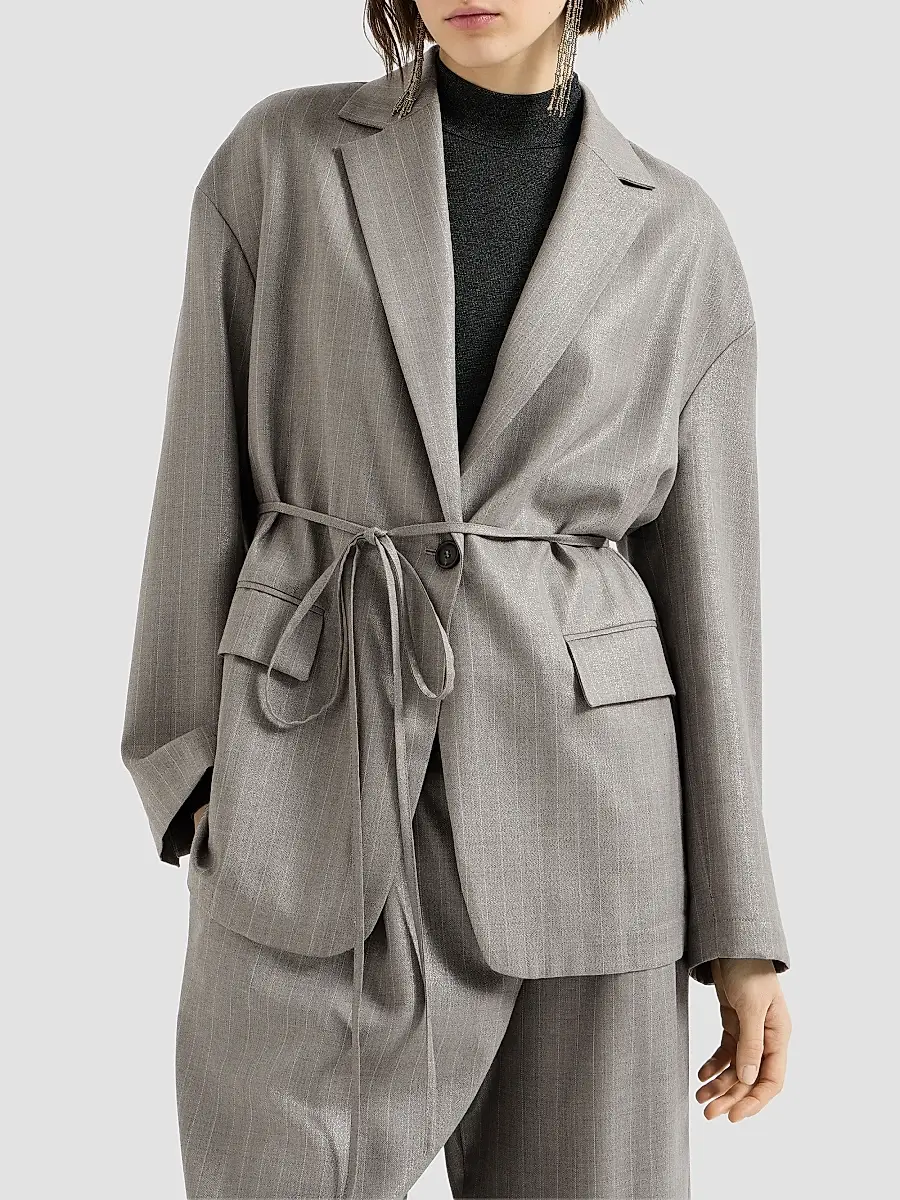 Brunello Cucinelli Women's Sparkling Virgin Wool Pinstripe Blazer with Monili - Silver | Thumbnail 2 Brunello Cucinelli Women's Sparkling Virgin Wool Pinstripe Blazer with Monili - Silver | Thumbnail 2