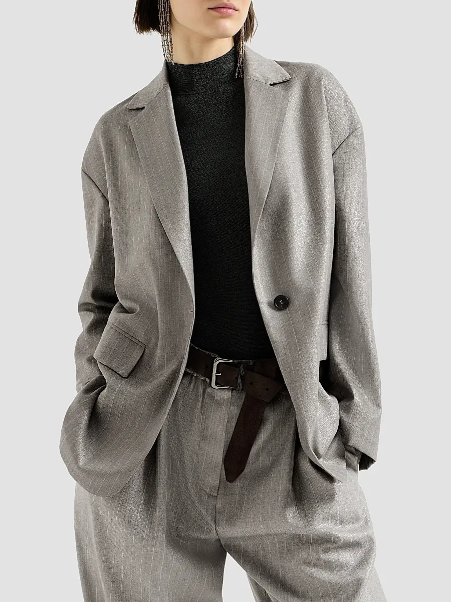 Brunello Cucinelli Women's Sparkling Virgin Wool Pinstripe Blazer with Monili - Silver | Thumbnail 4 Brunello Cucinelli Women's Sparkling Virgin Wool Pinstripe Blazer with Monili - Silver | Thumbnail 4