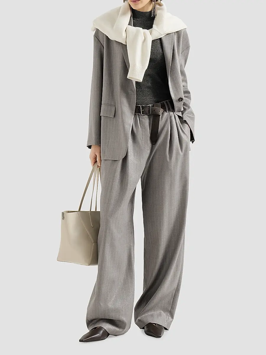 Brunello Cucinelli Women's Sparkling Virgin Wool Pinstripe Blazer with Monili - Silver | Thumbnail 6 Brunello Cucinelli Women's Sparkling Virgin Wool Pinstripe Blazer with Monili - Silver | Thumbnail 6