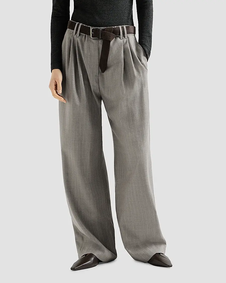 Brunello Cucinelli Women's Sparkling Virgin Wool Pinstripe Wide Leg Pants with Monili - Silver | Thumbnail 2 Brunello Cucinelli Women's Sparkling Virgin Wool Pinstripe Wide Leg Pants with Monili - Silver | Thumbnail 2