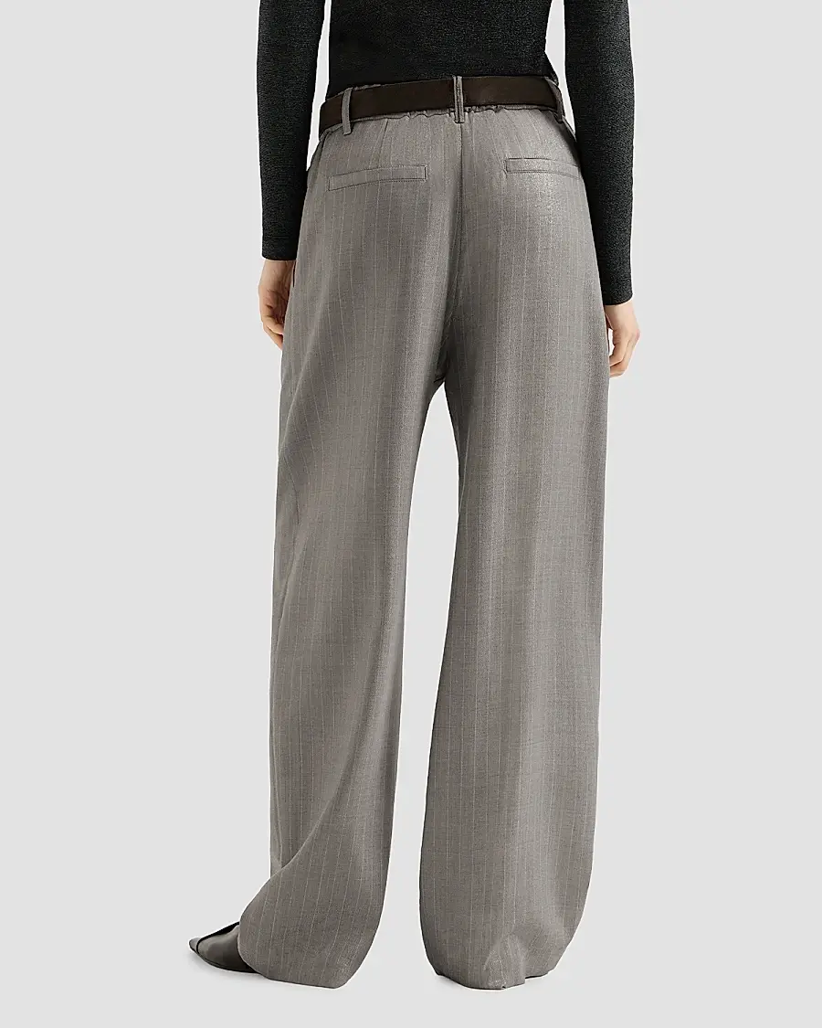 Brunello Cucinelli Women's Sparkling Virgin Wool Pinstripe Wide Leg Pants with Monili - Silver | Thumbnail 3 Brunello Cucinelli Women's Sparkling Virgin Wool Pinstripe Wide Leg Pants with Monili - Silver | Thumbnail 3