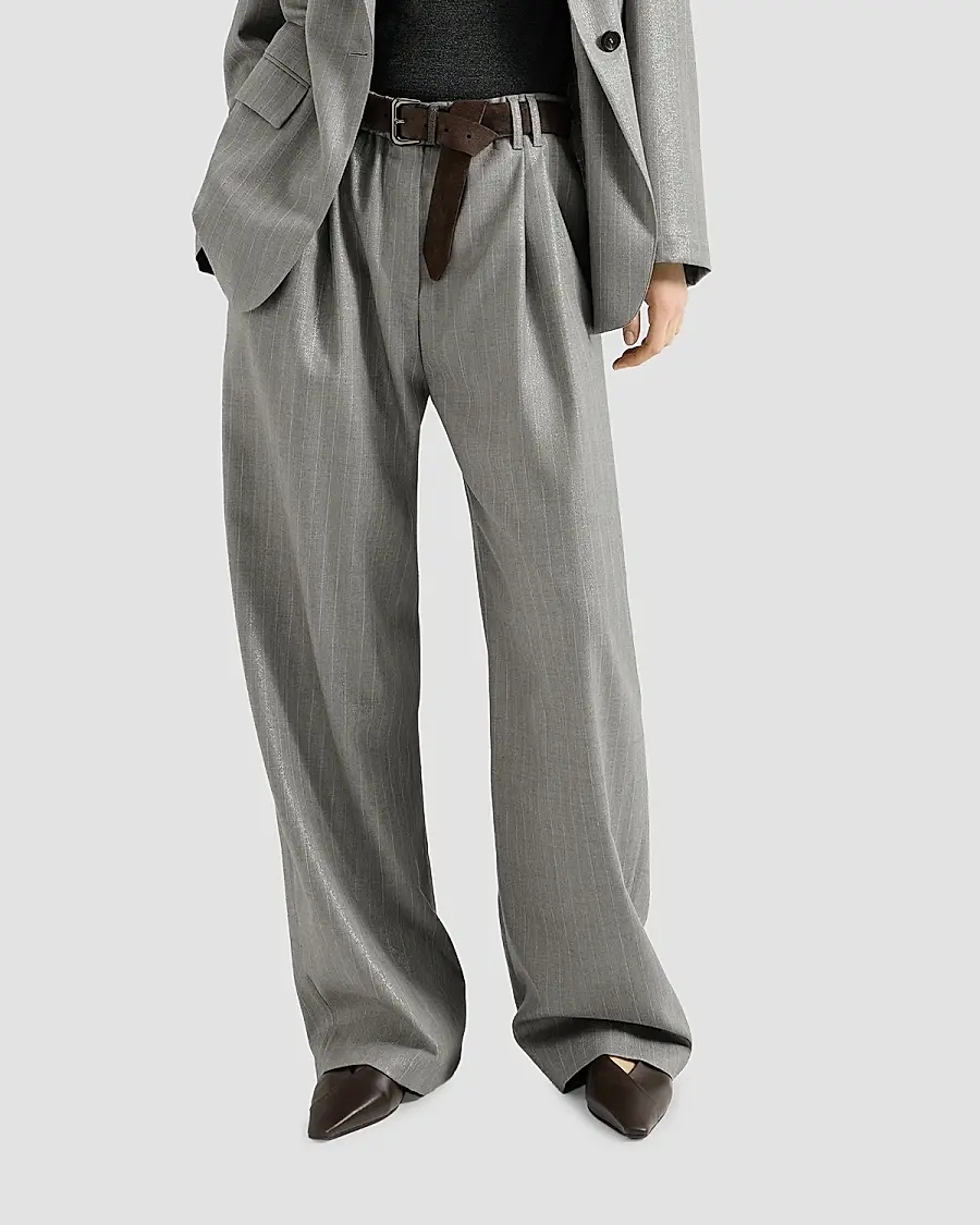 Brunello Cucinelli Women's Sparkling Virgin Wool Pinstripe Wide Leg Pants with Monili - Silver | Thumbnail 4 Brunello Cucinelli Women's Sparkling Virgin Wool Pinstripe Wide Leg Pants with Monili - Silver | Thumbnail 4