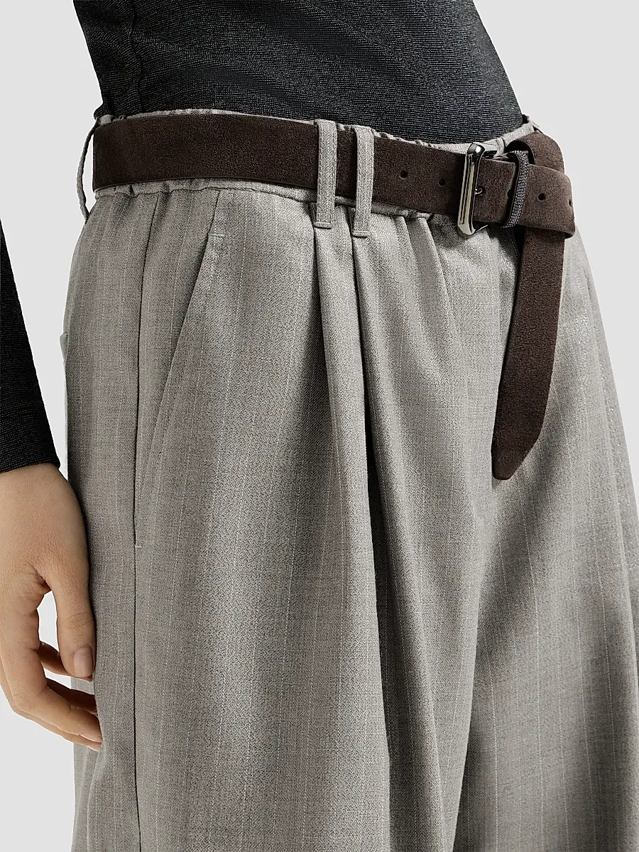 Brunello Cucinelli Women's Sparkling Virgin Wool Pinstripe Wide Leg Pants with Monili - Silver | Thumbnail 5 Brunello Cucinelli Women's Sparkling Virgin Wool Pinstripe Wide Leg Pants with Monili - Silver | Thumbnail 5