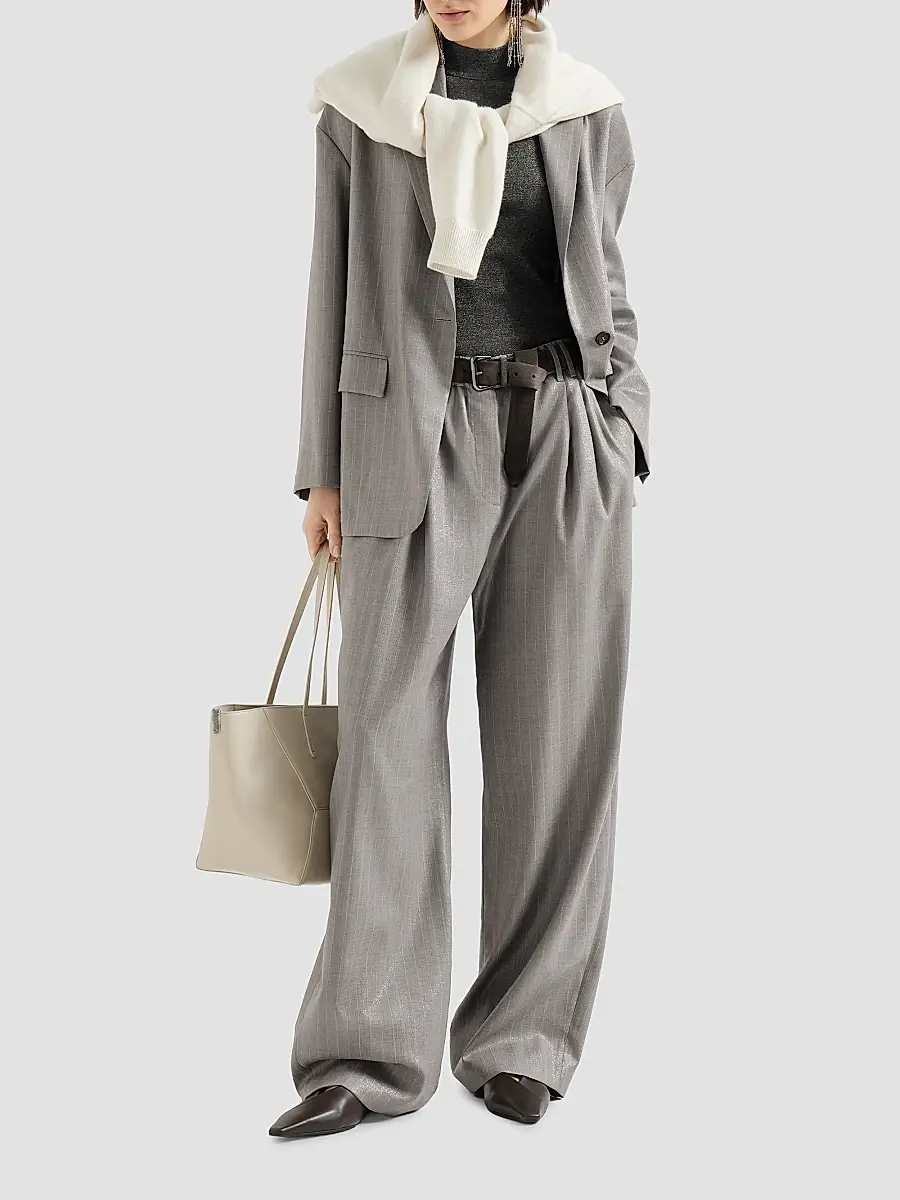 Brunello Cucinelli Women's Sparkling Virgin Wool Pinstripe Wide Leg Pants with Monili - Silver | Thumbnail 6 Brunello Cucinelli Women's Sparkling Virgin Wool Pinstripe Wide Leg Pants with Monili - Silver | Thumbnail 6