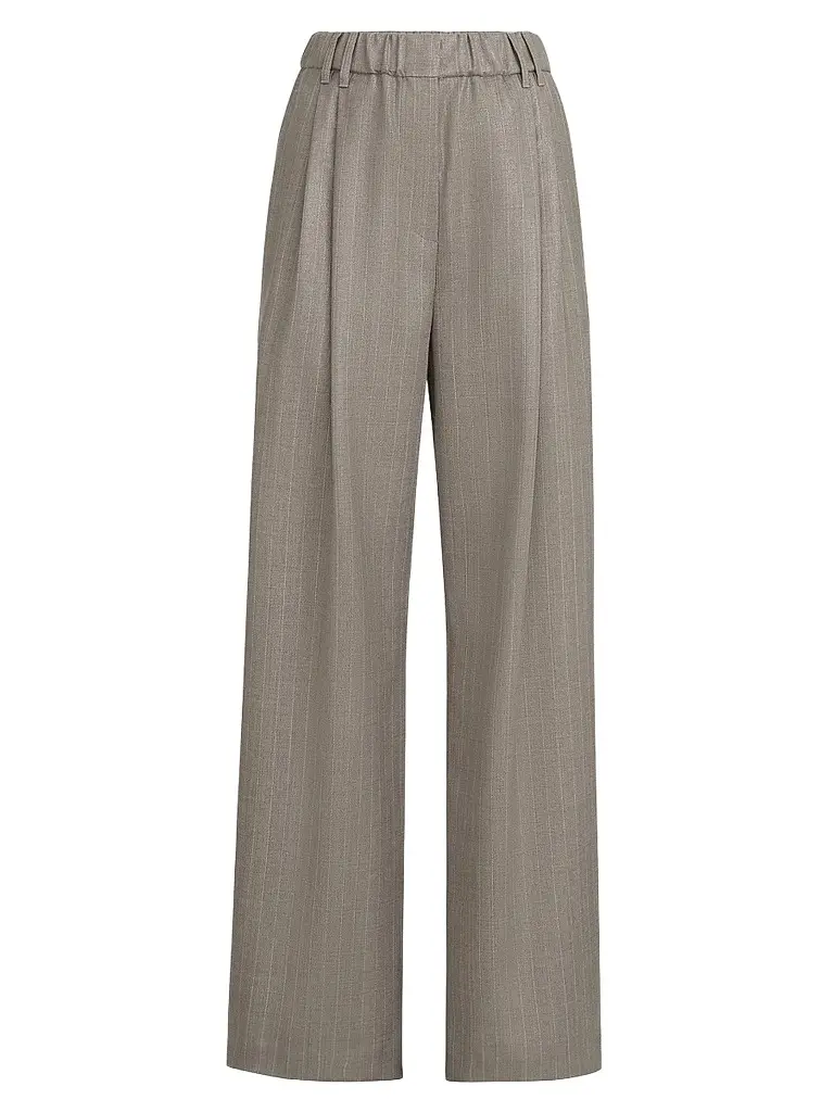 Brunello Cucinelli Women's Sparkling Virgin Wool Pinstripe Wide Leg Pants with Monili - Silver