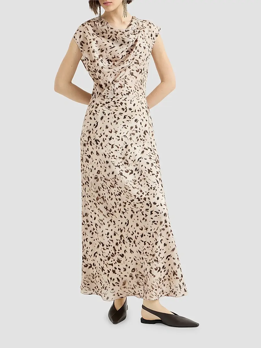 Brunello Cucinelli Women's Lynx Print Silk Pongee Draped Dress With Monili - Beige | Thumbnail 2 Brunello Cucinelli Women's Lynx Print Silk Pongee Draped Dress With Monili - Beige | Thumbnail 2