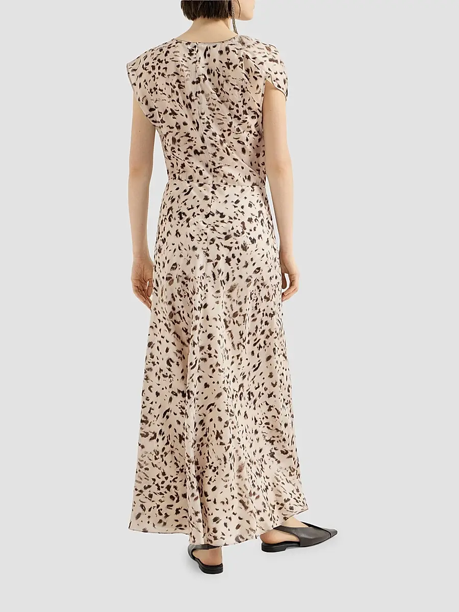 Brunello Cucinelli Women's Lynx Print Silk Pongee Draped Dress With Monili - Beige | Thumbnail 3 Brunello Cucinelli Women's Lynx Print Silk Pongee Draped Dress With Monili - Beige | Thumbnail 3