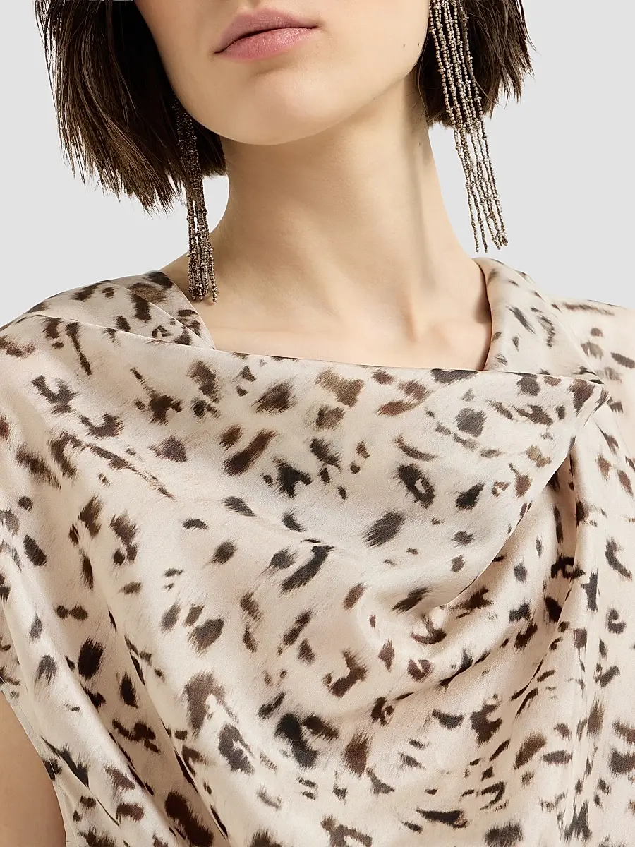 Brunello Cucinelli Women's Lynx Print Silk Pongee Draped Dress With Monili - Beige | Thumbnail 4 Brunello Cucinelli Women's Lynx Print Silk Pongee Draped Dress With Monili - Beige | Thumbnail 4