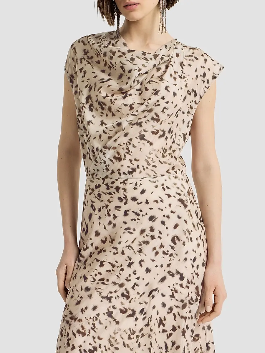 Brunello Cucinelli Women's Lynx Print Silk Pongee Draped Dress With Monili - Beige | Thumbnail 5 Brunello Cucinelli Women's Lynx Print Silk Pongee Draped Dress With Monili - Beige | Thumbnail 5