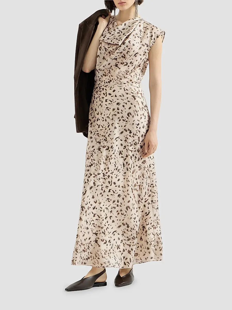 Brunello Cucinelli Women's Lynx Print Silk Pongee Draped Dress With Monili - Beige | Thumbnail 6 Brunello Cucinelli Women's Lynx Print Silk Pongee Draped Dress With Monili - Beige | Thumbnail 6