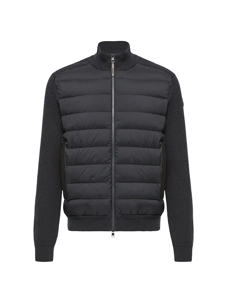 Moncler Men's Down-Filled Cardigan in Wool and Cashmere Blend - Navy Blue | Image 1 Moncler Men's Down-Filled Cardigan in Wool and Cashmere Blend - Navy Blue | Image 1