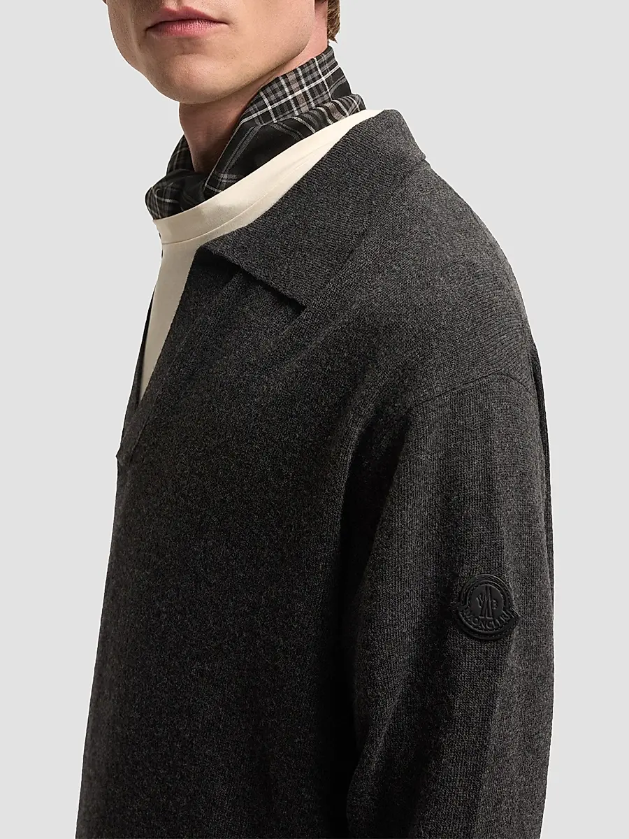Moncler Men's Long Sleeve Polo Shirt in Wool and Cashmere | Thumbnail 4 Moncler Men's Long Sleeve Polo Shirt in Wool and Cashmere | Thumbnail 4
