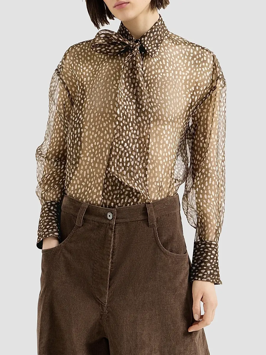 Brunello Cucinelli Women's Dapple Silk Organza Shirt with Neck Tie - Chocolate | Thumbnail 2 Brunello Cucinelli Women's Dapple Silk Organza Shirt with Neck Tie - Chocolate | Thumbnail 2