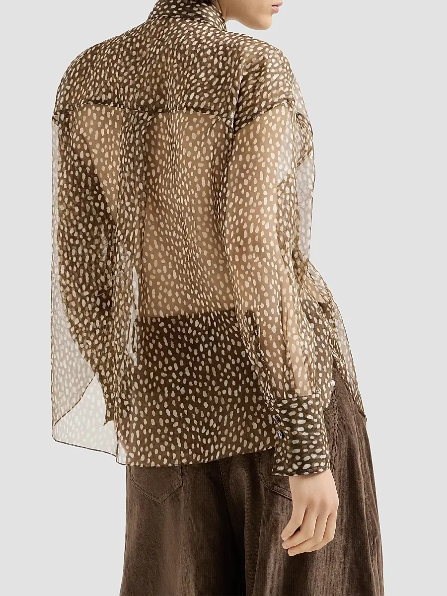 Brunello Cucinelli Women's Dapple Silk Organza Shirt with Neck Tie - Chocolate | Thumbnail 3 Brunello Cucinelli Women's Dapple Silk Organza Shirt with Neck Tie - Chocolate | Thumbnail 3