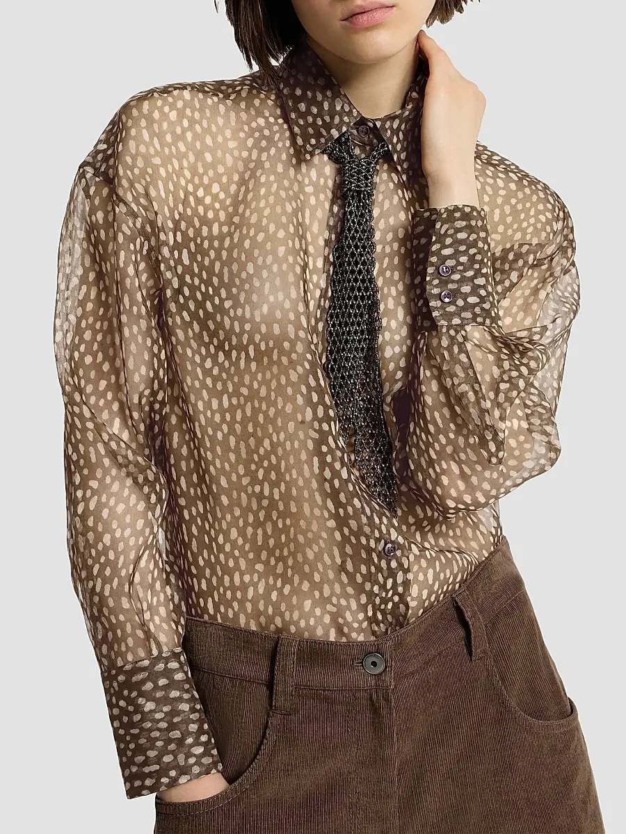 Brunello Cucinelli Women's Dapple Silk Organza Shirt with Neck Tie - Chocolate | Thumbnail 5 Brunello Cucinelli Women's Dapple Silk Organza Shirt with Neck Tie - Chocolate | Thumbnail 5