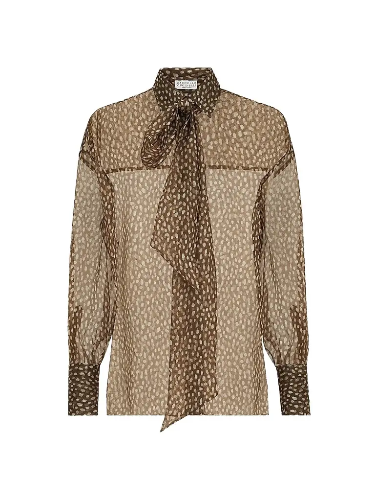 Brunello Cucinelli Women's Dapple Silk Organza Shirt with Neck Tie - Chocolate