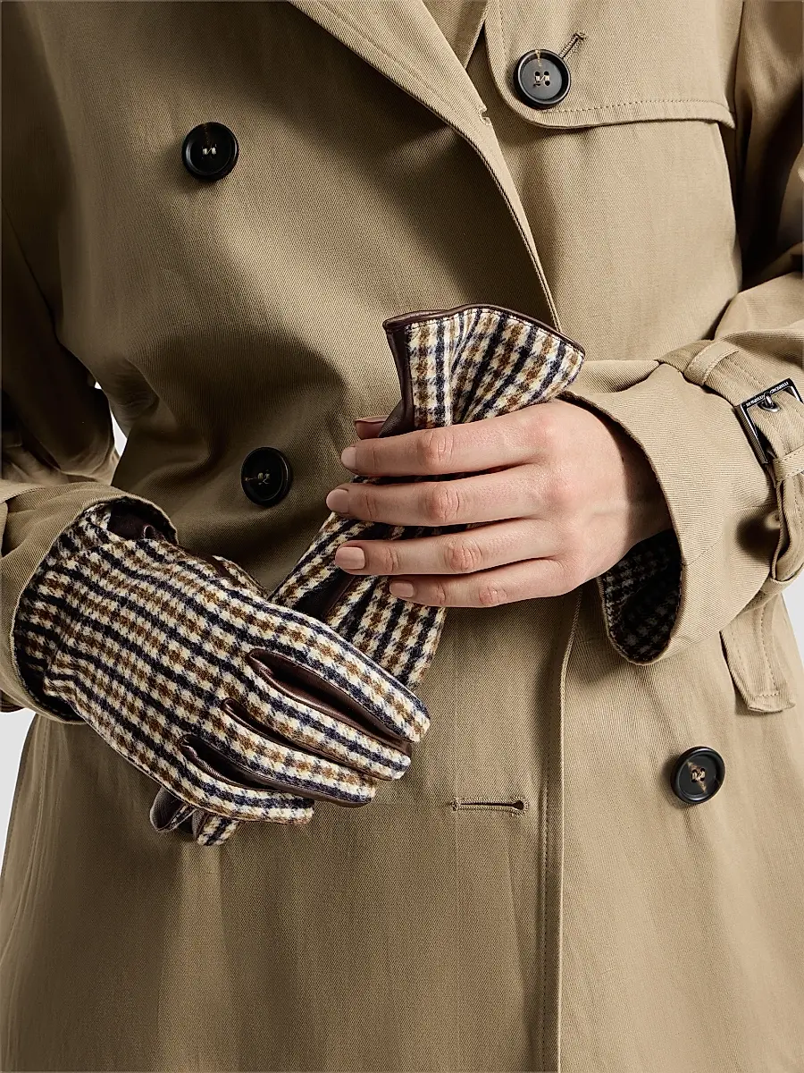 Brunello Cucinelli Women's Checked Virgin Wool Flannel and Leather Gloves - Brown | Thumbnail 2 Brunello Cucinelli Women's Checked Virgin Wool Flannel and Leather Gloves - Brown | Thumbnail 2
