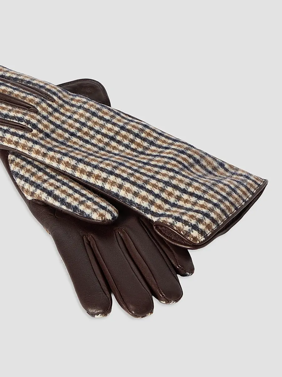 Brunello Cucinelli Women's Checked Virgin Wool Flannel and Leather Gloves - Brown | Thumbnail 3 Brunello Cucinelli Women's Checked Virgin Wool Flannel and Leather Gloves - Brown | Thumbnail 3