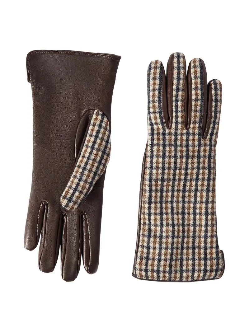 Brunello Cucinelli Women's Checked Virgin Wool Flannel and Leather Gloves - Brown