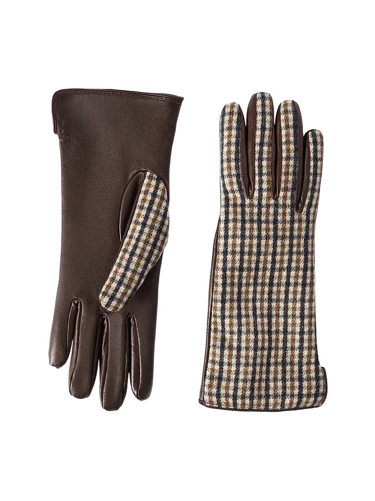 Brunello Cucinelli Women's Checked Virgin Wool Flannel and Leather Gloves - Brown | Image 1 Brunello Cucinelli Women's Checked Virgin Wool Flannel and Leather Gloves - Brown | Image 1