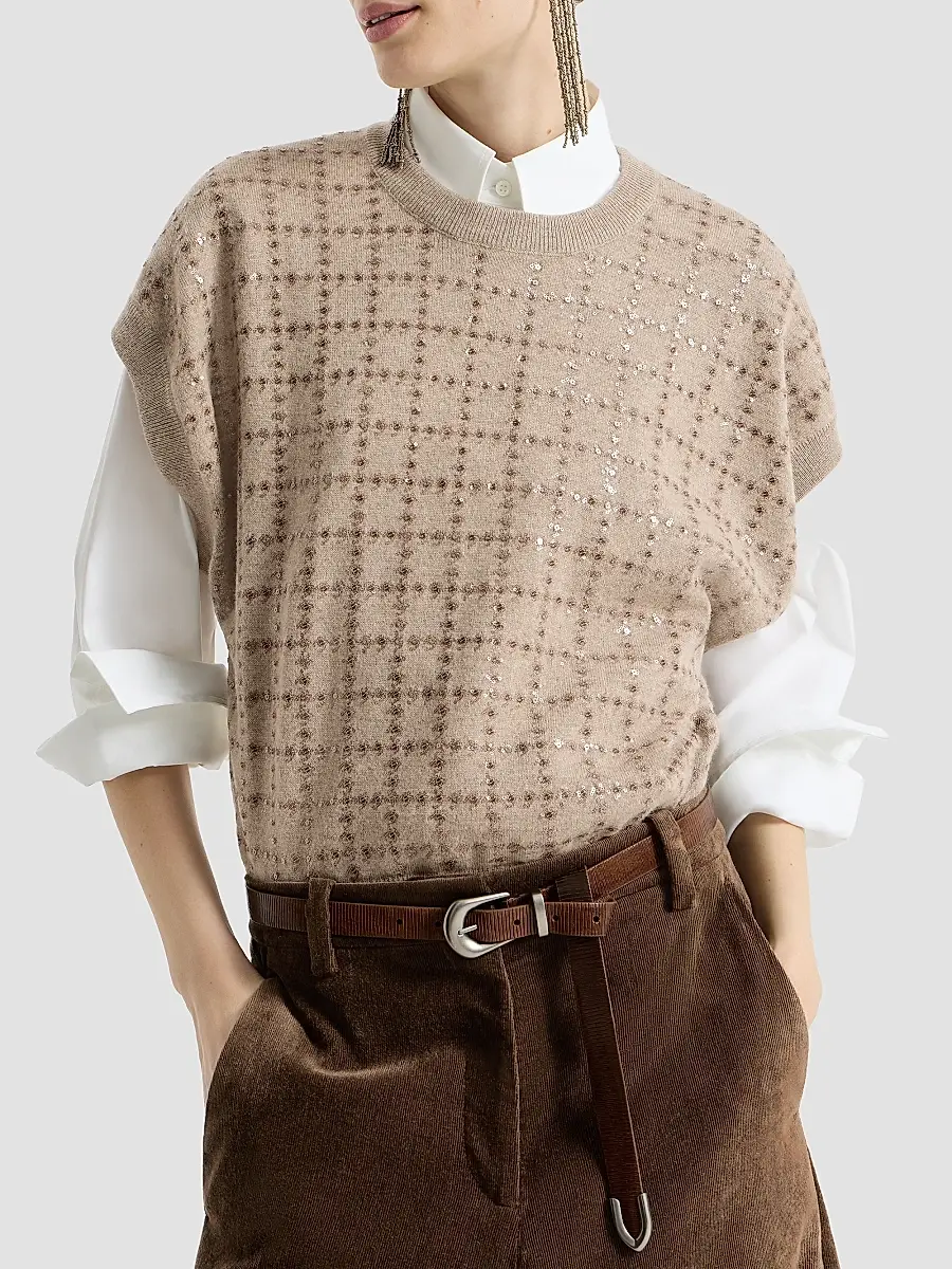 Brunello Cucinelli Women's Cashmere Knit T-Shirt with Dazzling Windowpane Embroidery | Thumbnail 4 Brunello Cucinelli Women's Cashmere Knit T-Shirt with Dazzling Windowpane Embroidery | Thumbnail 4