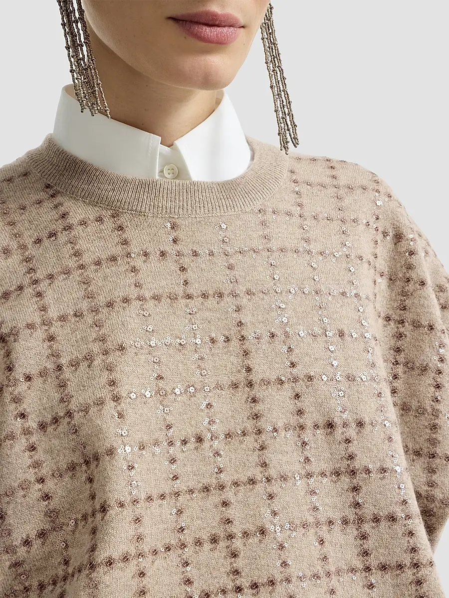 Brunello Cucinelli Women's Cashmere Knit T-Shirt with Dazzling Windowpane Embroidery | Thumbnail 5 Brunello Cucinelli Women's Cashmere Knit T-Shirt with Dazzling Windowpane Embroidery | Thumbnail 5
