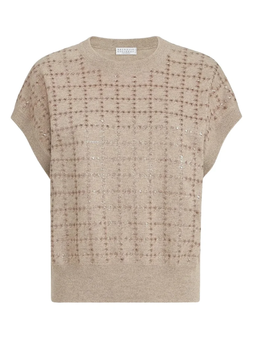 Brunello Cucinelli Women's Cashmere Knit T-Shirt with Dazzling Windowpane Embroidery