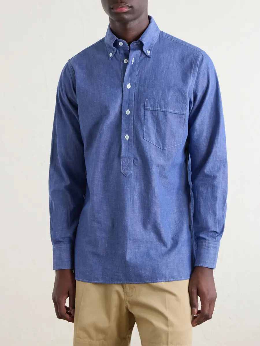 Drake's Button-Down Collar Cotton and Linen-Blend Polo Shirt - Men | Thumbnail 3