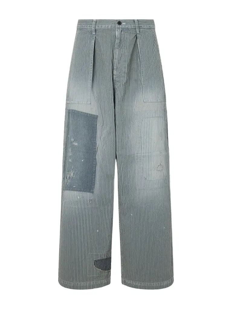 KAPITAL Liberty Hicoree Fatigue Wide-Leg Striped Distressed Patchwork Cotton-Twill Trousers - Men | Image 1 KAPITAL Liberty Hicoree Fatigue Wide-Leg Striped Distressed Patchwork Cotton-Twill Trousers - Men | Image 1
