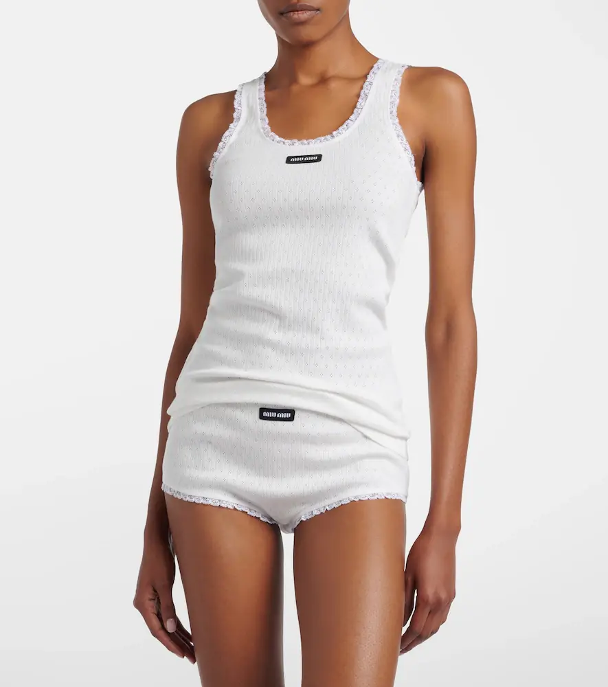Miu Miu Lace-trimmed pointelle cotton tank top | Thumbnail 2 Miu Miu Lace-trimmed pointelle cotton tank top | Thumbnail 2