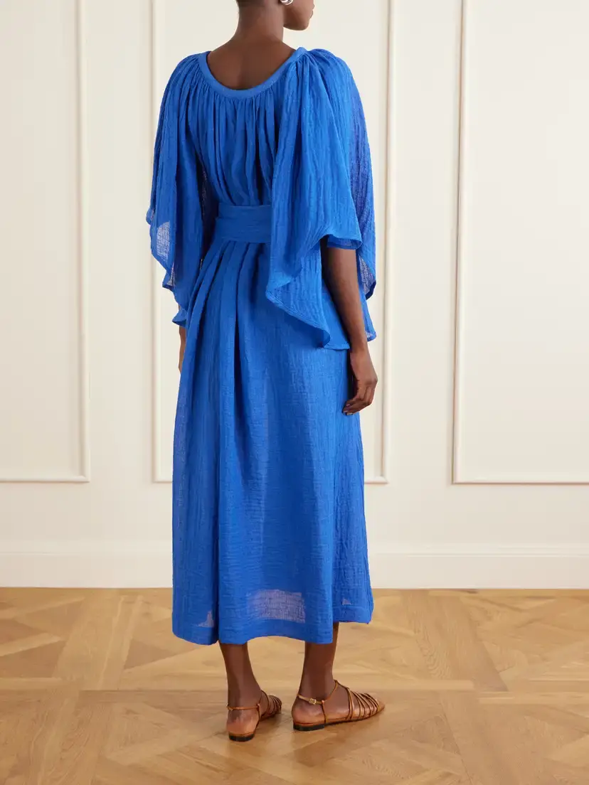 Lisa Marie Fernandez Embellished Belted Crinkled Linen-blend Gauze Midi Dress | Thumbnail 3 Lisa Marie Fernandez Embellished Belted Crinkled Linen-blend Gauze Midi Dress | Thumbnail 3