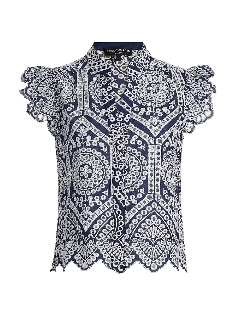 Generation Love Women's Romy Eyelet-Embroidered Cotton Shirt - Navy White - Size XL | Image 1 Generation Love Women's Romy Eyelet-Embroidered Cotton Shirt - Navy White - Size XL | Image 1