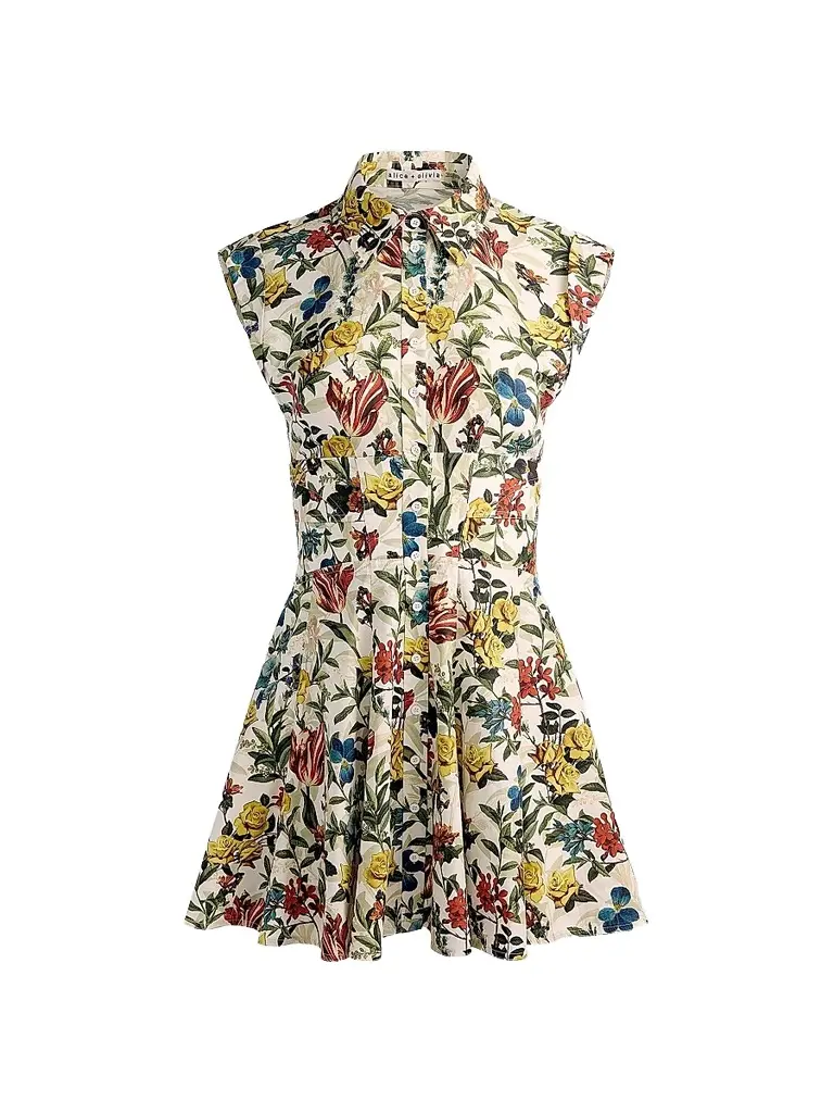 Alice + Olivia Women's Kim Paneled Corset Flared Mini Shirtdress - Desert Sprigs Vanilla | Image 1 Alice + Olivia Women's Kim Paneled Corset Flared Mini Shirtdress - Desert Sprigs Vanilla | Image 1