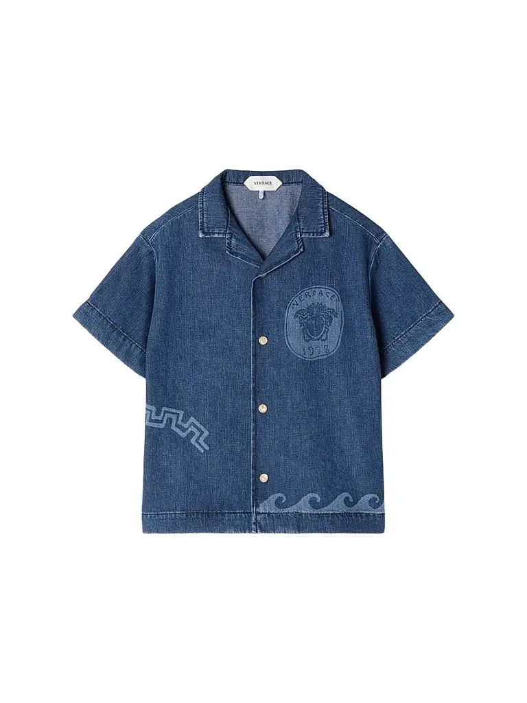 Versace Little Boy's & Boy's Laser Denim Short-Sleeve Shirt - Medium Blue - Size 8 | Image 1 Versace Little Boy's & Boy's Laser Denim Short-Sleeve Shirt - Medium Blue - Size 8 | Image 1