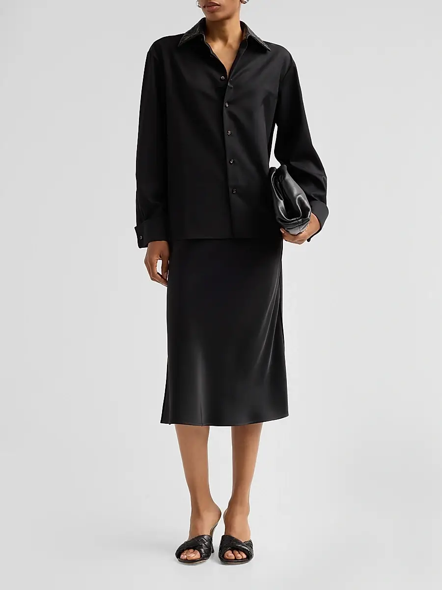 Bottega Veneta Women's Intrecciato Leather Collar Wool Shirt | Thumbnail 2 Bottega Veneta Women's Intrecciato Leather Collar Wool Shirt | Thumbnail 2